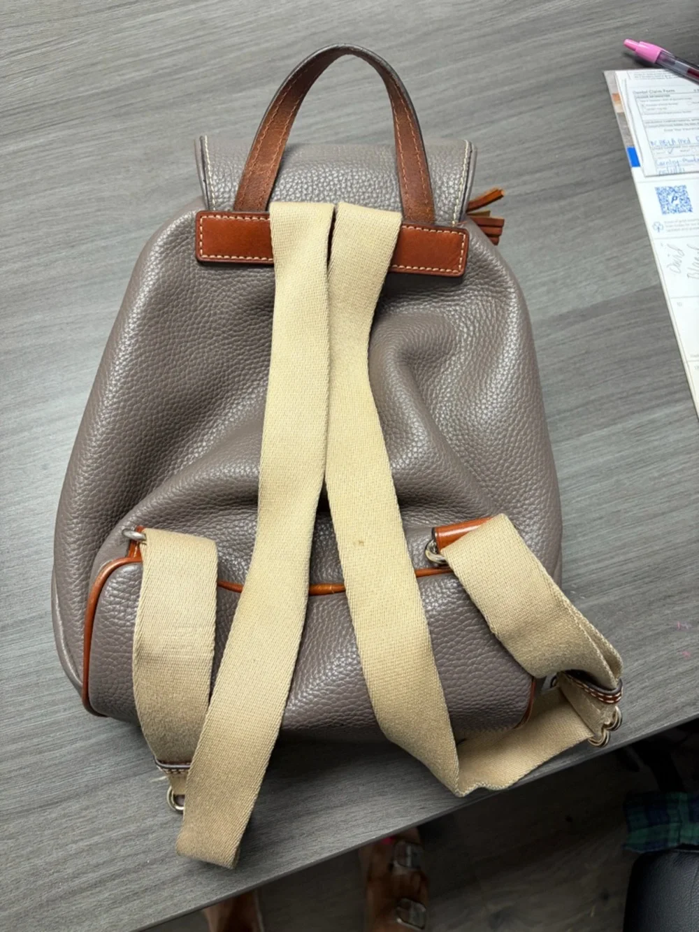 Dooney & Bourke Gray Leather Backpack with Brown Trim